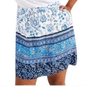 Loft Blue White Floral Paisley Boho Midi Elastic Waist Skirt Size XXSP